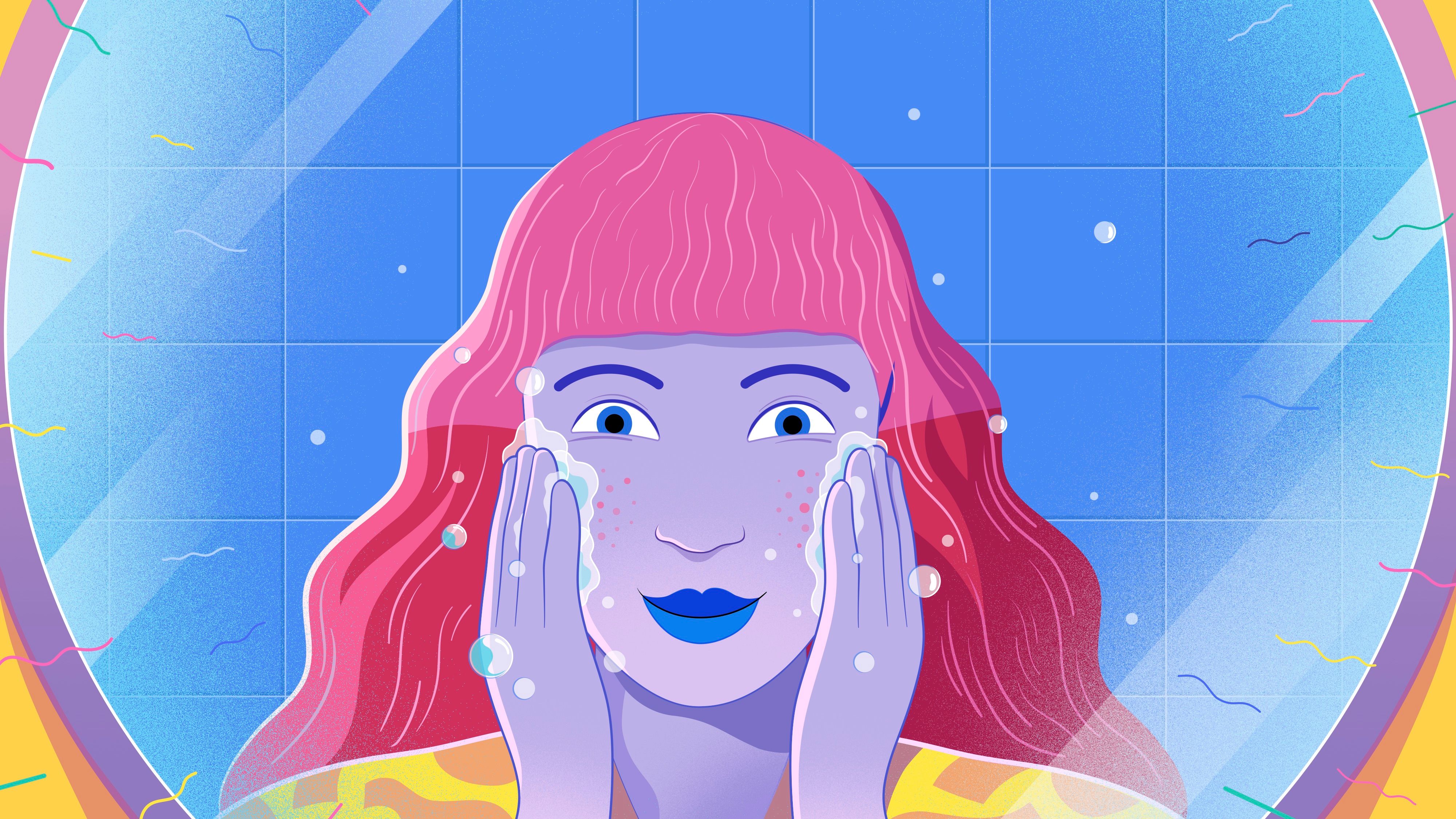 একটি চিত্র যেখানে একজন গোলাপি রঙের চুলওয়ালা মেয়ে আয়নায় দেখছে